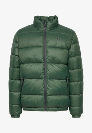 Zeleno podložena jakna s stoječim ovratnikom, sprednjim zipom in dvema stranskima žepoma; gladka tekstura in prešiti odseki za izolacijo.