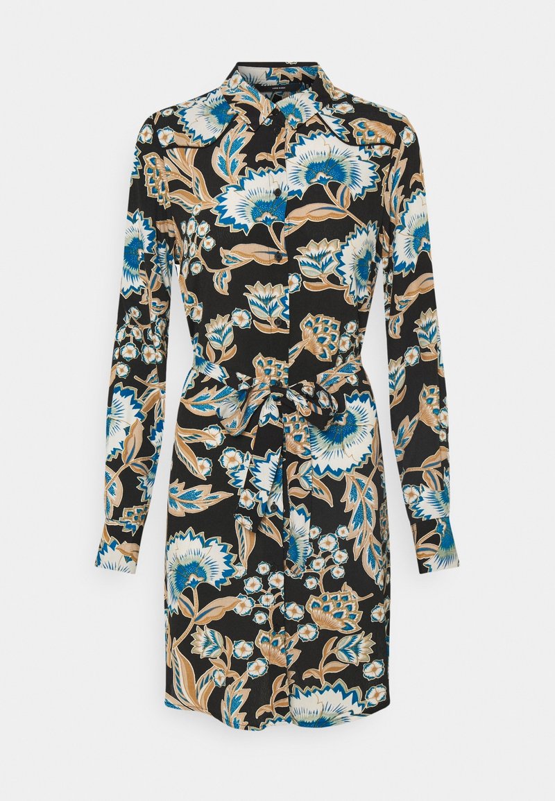 Robe chemise florale à manches longues, fond noir, fleurs bleues et beiges, col, et détail de taille nouée.