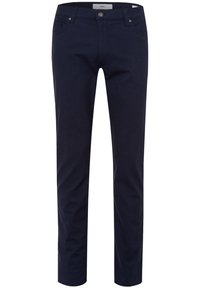 Marinblå byxor tillverkade av en bomullsblandning, med fem fickor, knapp- och blixtlåsstängning, samt en smal rakt ben-design.