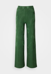 Široké kalhoty v tmavě zelené látce s texturovaným listovým vzorem. Mají pružný pas a volný střih pro pohodlí.