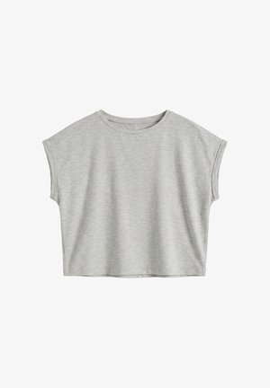 T-shirt court gris clair à manches courtes avec un col rond et des bords de manches retroussés, présenté sur fond blanc.