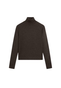 Brown turtleneck sweater made from soft knit fabric, featuring long sleeves and a straight cut with a ribbed hem.