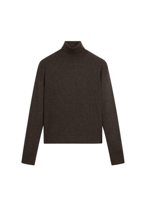 Brauner Rollkragenpullover aus weichem Strickstoff, mit langen Ärmeln und geradem Schnitt sowie einem gerippten Saum.