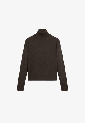 Brauner Rollkragenpullover aus weichem Strickstoff, mit langen Ärmeln und geradem Schnitt sowie einem gerippten Saum.