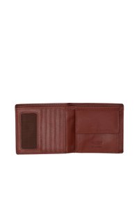 Hnědá kožená peněženka, design na dvakrát, obsahující šest přihrádek na karty, průhledné okno na identifikaci a boční kapsu na hotovost, se šitými detaily.