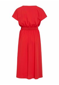 Robe midi rouge vif avec manches courtes, taille élastiquée froncée et jupe ample.