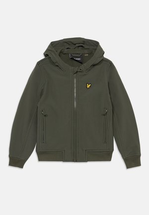 Giacca verde oliva con cappuccio, zip frontale, due tasche laterali con cerniera, polsini a coste e piccolo logo giallo a forma di uccello sul petto.