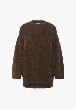 Brauner gestrickter Pullover aus weichem, flauschigem Material. Verfügt über einen runden Hals, eine lockere Passform und eine gerippte Struktur an Ärmeln und Körper.