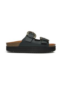 Black slide sandals made of synthetic material, featuring two adjustable buckles, textured details, a cork midsole, and a thick rubber outsole.