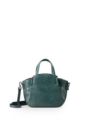 Kleine türkisfarbene Lederhandtasche mit zwei kurzen Griffen und einem abnehmbaren Schulterriemen auf weißem Hintergrund.