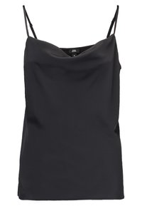 Černý top na ramínka vyrobený z hladké látky, s tenkými nastavovacími ramínky a volným střihem. Jemné nařasení v oblasti výstřihu.