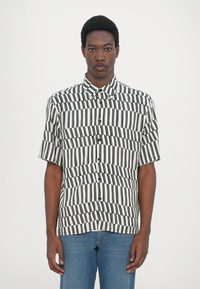 Short-sleeve button-up shirt with a black and white striped pattern, featuring a collared neck and a relaxed fit.