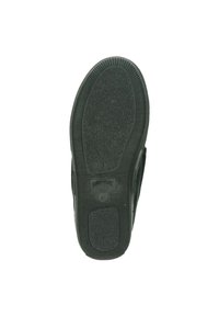 Chaussure noire avec une semelle en caoutchouc texturé, dotée d'une forme arrondie et de détails sur le côté. Le bas affiche la marque "Warmbat" et la taille 41.