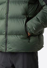 Grön puffjacka med en quiltad design, utrustad med dragkedjefickor och en logotyp för 700 fyllkraft, tillverkad av lätt, strukturerad tyg.