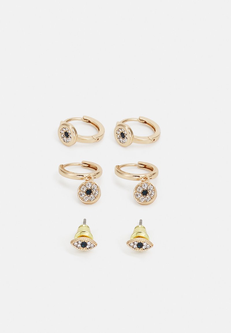 Gold-tone earring set featuring two pairs of huggie hoops with black stones, one stud pair with crystal accents, and detailed patterns.
