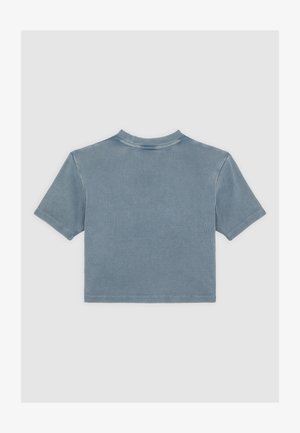 Kurzärmliges T-Shirt aus weichem, hellblauem Rippstoff mit runder Ausschnittgestaltung, glatter Textur und minimalistischen Design.