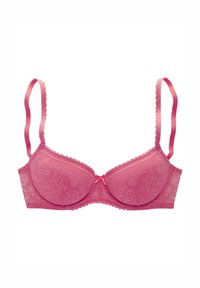 Pink lace bra with molded cups, scalloped edges, and adjustable straps. Front bow detail adds a decorative touch.
