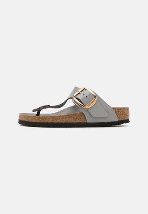 Gray flip-flop sandal with a cork sole, featuring a wide strap and gold buckle detail, smooth texture, and a minimalist design.
