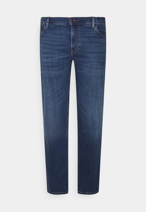 Pánské tmavě modré džíny slim fit s předním zapínáním na knoflíky, pěti kapsami a jemně vybledlým efektem na stehnech a kolenou.