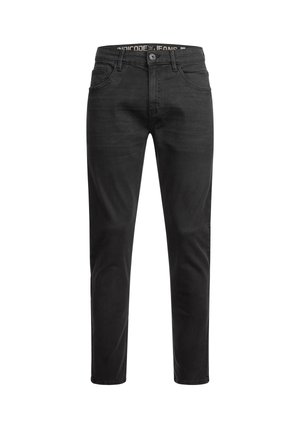 Slim-fit zwarte denimjeans met een gladde textuur, vijf zakken en een gemerkte tailleband. Voorzien van een knoopsluiting en een recht model.