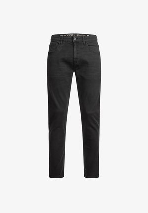 Slim-fit black denim jeans with a smooth texture, five pockets, and a branded waistband. Features a button closure and straight leg design.