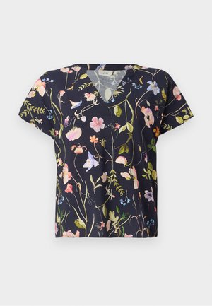Floral V-neck T-shirt in navy fabric, featuring multicolored flower patterns and short sleeves. Lightweight with a relaxed fit.