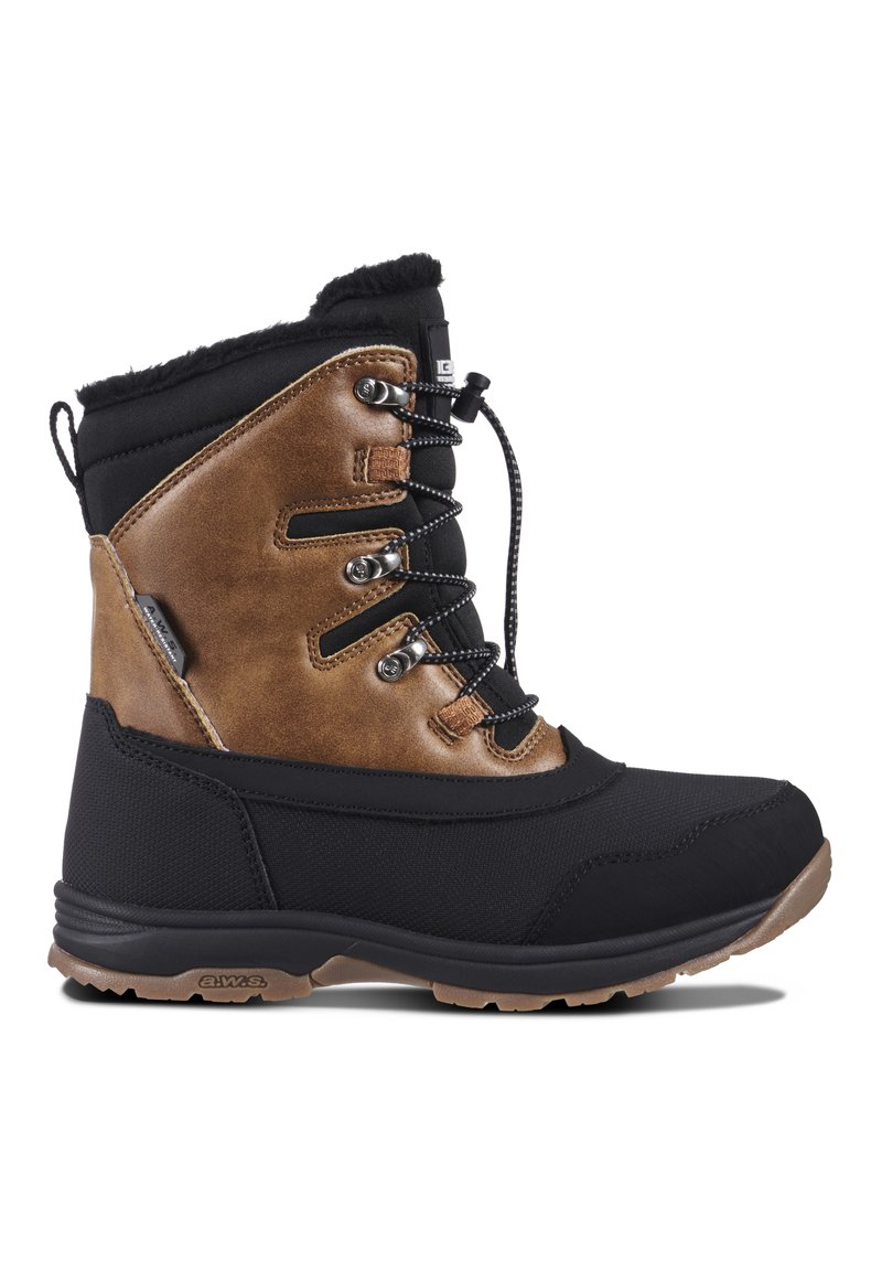 Botas de invierno aisladas en negro y marrón con parte frontal con cordones, suela impermeable y forro de forro polar, diseñadas para climas fríos y uso al aire libre.