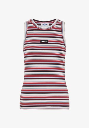 Bez piedurknēm adīts tops ar horizontālām svītrām sarkanā, baltā, gaiši zilo un melnā krāsā, priekšpusē ar nelielu melnu etiķeti ar tekstu "BALL".