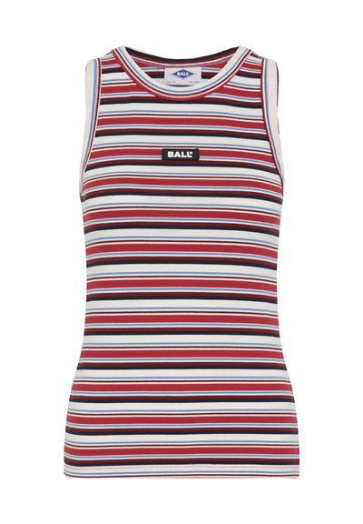 Débardeur en tricot sans manches avec des rayures horizontales rouges, blanches, bleu clair et noires, présentant une petite étiquette noire avec le texte "BALL" sur le devant.