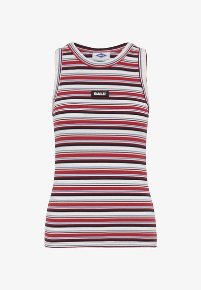 Débardeur en tricot sans manches avec des rayures horizontales rouges, blanches, bleu clair et noires, présentant une petite étiquette noire avec le texte "BALL" sur le devant.