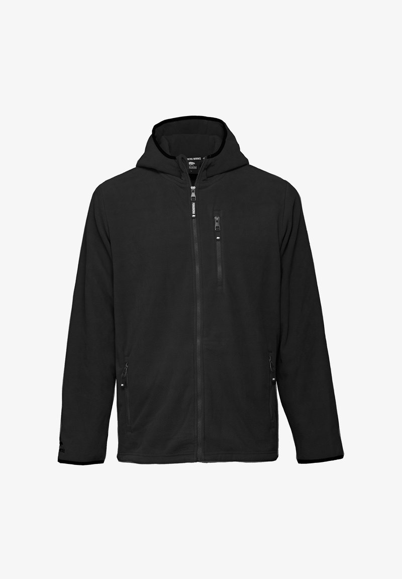Giacca in pile nera con zip frontale e cappuccio, dotata di tasche laterali con zip e una texture liscia, adatta per un abbigliamento informale.