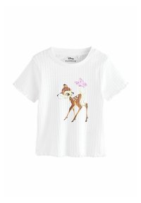 Biała t-shirt z prążkowanego materiału o krótkim rękawie z kolorową ilustracją jelenia i różowej motyla na przodzie.