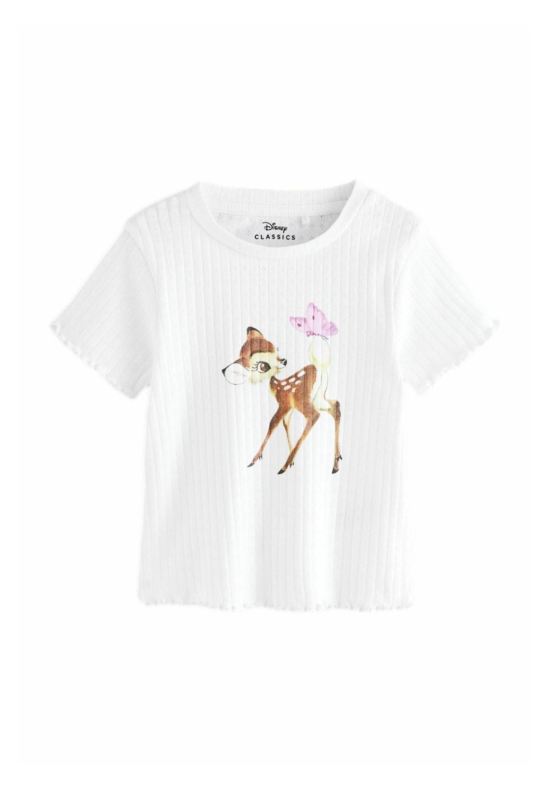 Biała t-shirt z prążkowanego materiału o krótkim rękawie z kolorową ilustracją jelenia i różowej motyla na przodzie.