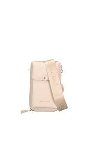 Borsa per smartphone in pelle bianca con patta frontale, chiusura con zip e tracolla beige con logo. Caratterizzata da una texture liscia e un design minimalista.