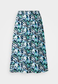Blomster-mønstret midi-skirt som har nyanser av blått og grønt på hvit bakgrunn, med elastisk midjebånd for komfort.