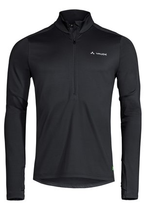Pullover nero a maniche lunghe con colletto a zip a un quarto, realizzato in tessuto elasticizzato. Presenta un piccolo logo sul petto e fori per il pollice nei polsini.