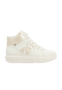 High-top sneakers in white leather with satin accents, round toe, padded collar, and thick rubber sole featuring a minimalistic design.