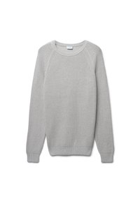 Hellgrauer gestrickter Pullover mit Rundhalsausschnitt, langen Ärmeln und gerippten Bündchen. Verfügt über ein strukturiertes Muster und eine lockere Passform.