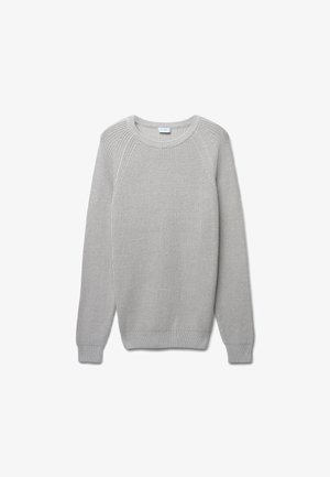 Pull en tricot gris clair avec un col rond, des manches longues et des poignets côtelés. Présente un motif texturé et une coupe décontractée.
