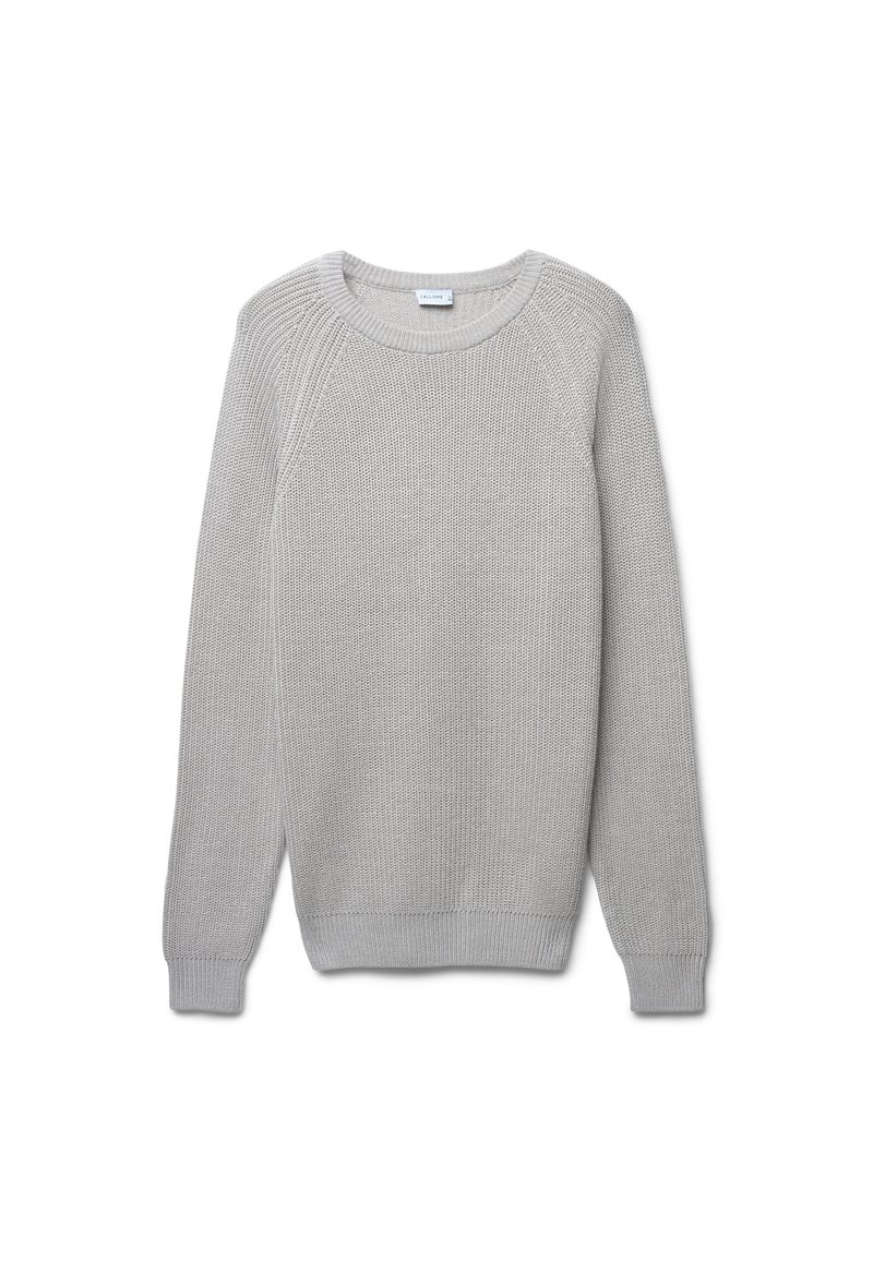 Hellgrauer gestrickter Pullover mit Rundhalsausschnitt, langen Ärmeln und gerippten Bündchen. Verfügt über ein strukturiertes Muster und eine lockere Passform.