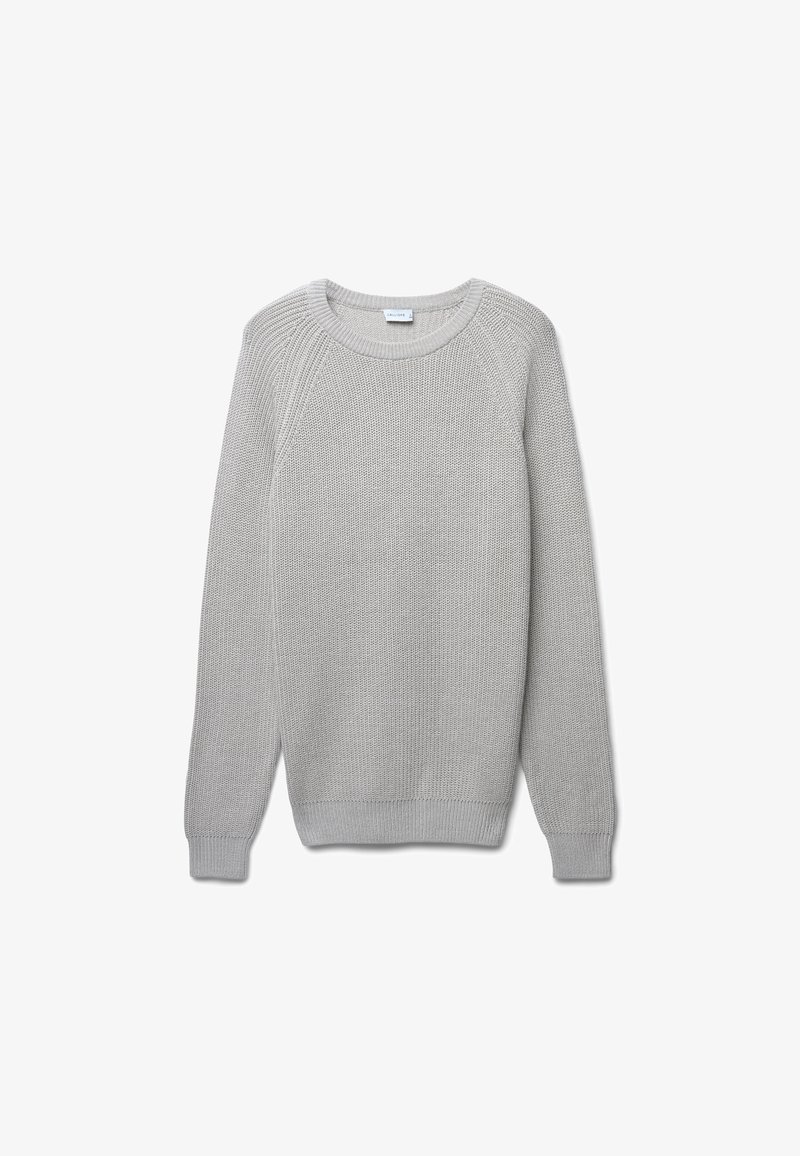 Hellgrauer gestrickter Pullover mit Rundhalsausschnitt, langen Ärmeln und gerippten Bündchen. Verfügt über ein strukturiertes Muster und eine lockere Passform.