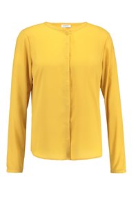 Langärmlige gelbe Bluse aus glattem Stoff, mit Rundhalsausschnitt, Knopfverschluss und abgerundetem Saum.