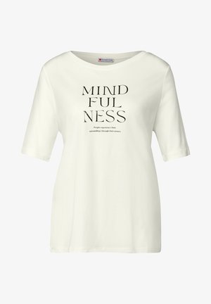 T-shirt en coton blanc à manches courtes, avec le mot "MINDFULNESS" en lettres noires en gras et un texte supplémentaire en dessous.