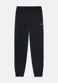 Juodi Nike sportiniai keliai su elastinga juosta ir rankovėmis, kuriuose viršutiniame kairiajame šlaunyje yra mažas baltas Nike swoosh.