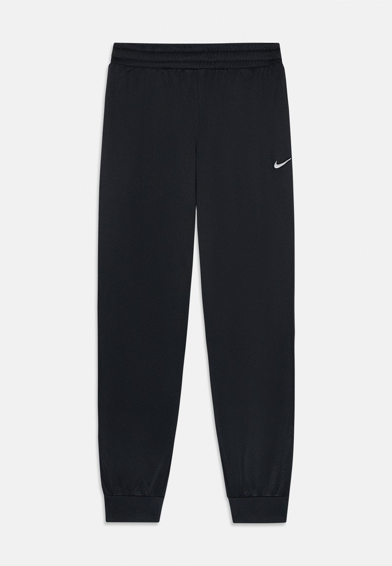 Juodi Nike sportiniai keliai su elastinga juosta ir rankovėmis, kuriuose viršutiniame kairiajame šlaunyje yra mažas baltas Nike swoosh.