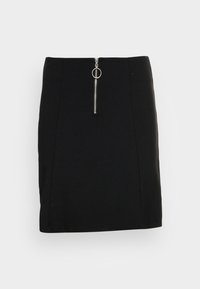Jupe noire en tissu lisse. Dotée d'une fermeture éclair frontale avec une tirette ronde, d'une coupe ajustée avec un ourlet droit. Sans motifs ni accents.