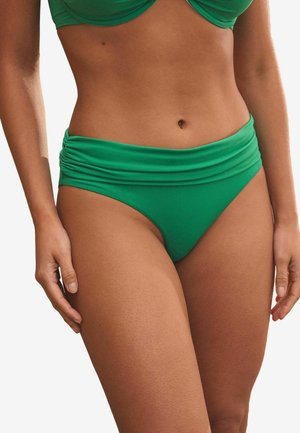 Groene bikinibroek met een hoge taille en geplooide stofdetails. Gladde textuur met een effen kleurontwerp.