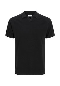 Polo noir en tissu texturé, avec un col en V et des manches courtes. Design simple sans motifs ni accents supplémentaires.