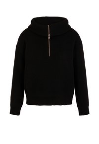 Black knitted pullover with a high collar and a short zipper. Features a loose fit and ribbed texture, with wide sleeves and a cropped length.