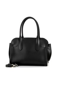 Borsa a mano in pelle nera con forma strutturata, doppio manico e tracolla staccabile. Presenta una superficie liscia e un design minimalista.